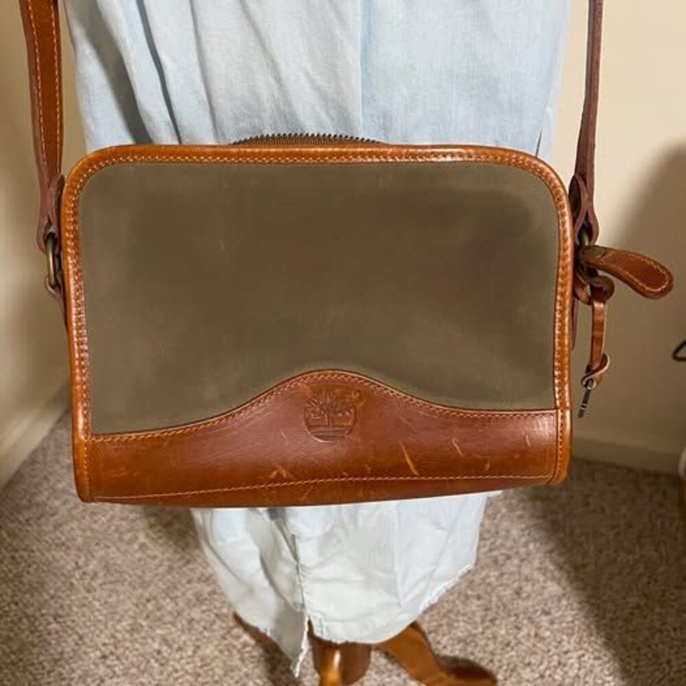 Timberland Brown & Olive Full Leather Crossbody Shoulder Bag